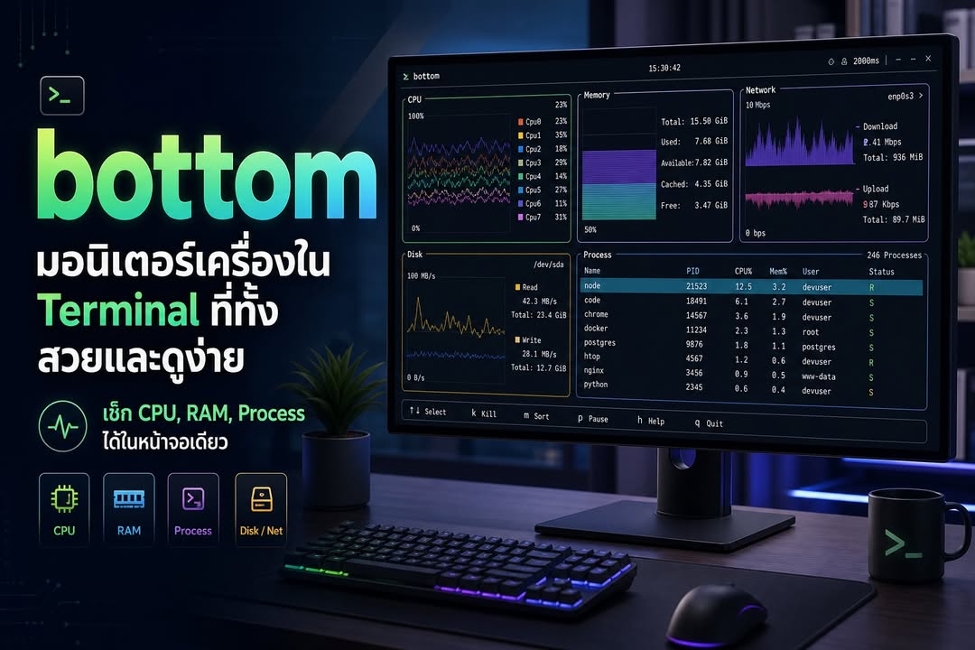 bottom: ดู CPU, RAM และ Process ใน Terminal ให้อ่านง่ายกว่า top