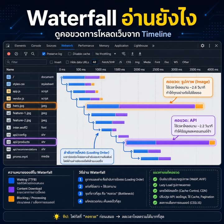 อ่าน Waterfall ใน DevTools เพื่อค้นหาคอขวดของการโหลดเว็บไซต์