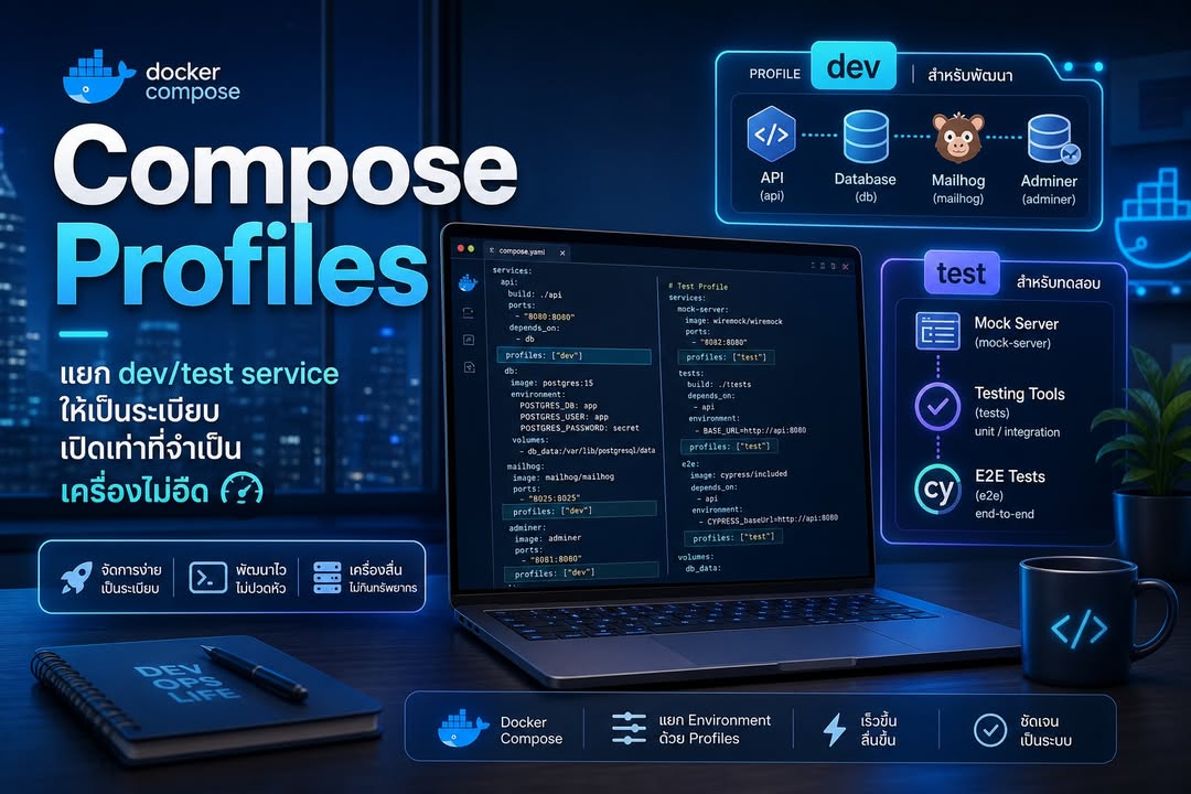 จัดระเบียบ Docker Compose ด้วย Profiles แยก dev/test ให้ชัดเจน