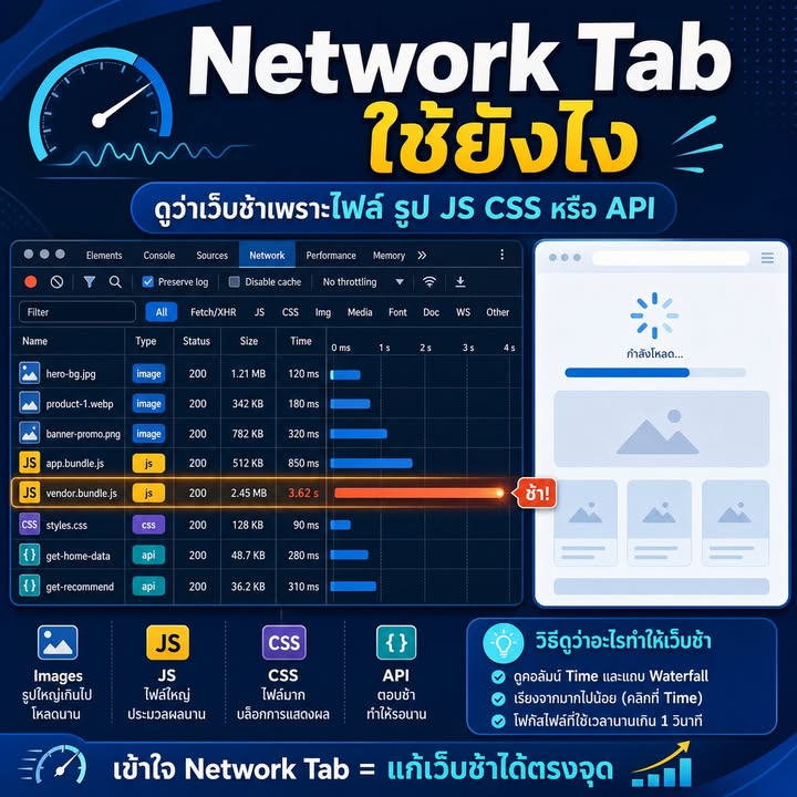 Network Tab คือจุดเริ่มต้นสำคัญในการหาสาเหตุเว็บโหลดช้า