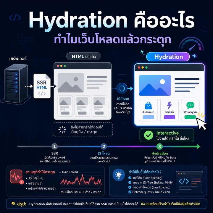 เข้าใจ Hydration ใน React และ Next.js: ทำไมเว็บเห็นเร็วแต่ยังกดไม่ได้