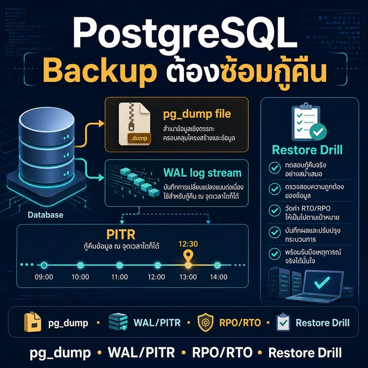วางแผนสำรอง PostgreSQL ให้กู้คืนได้จริงด้วย pg_dump, WAL และ PITR