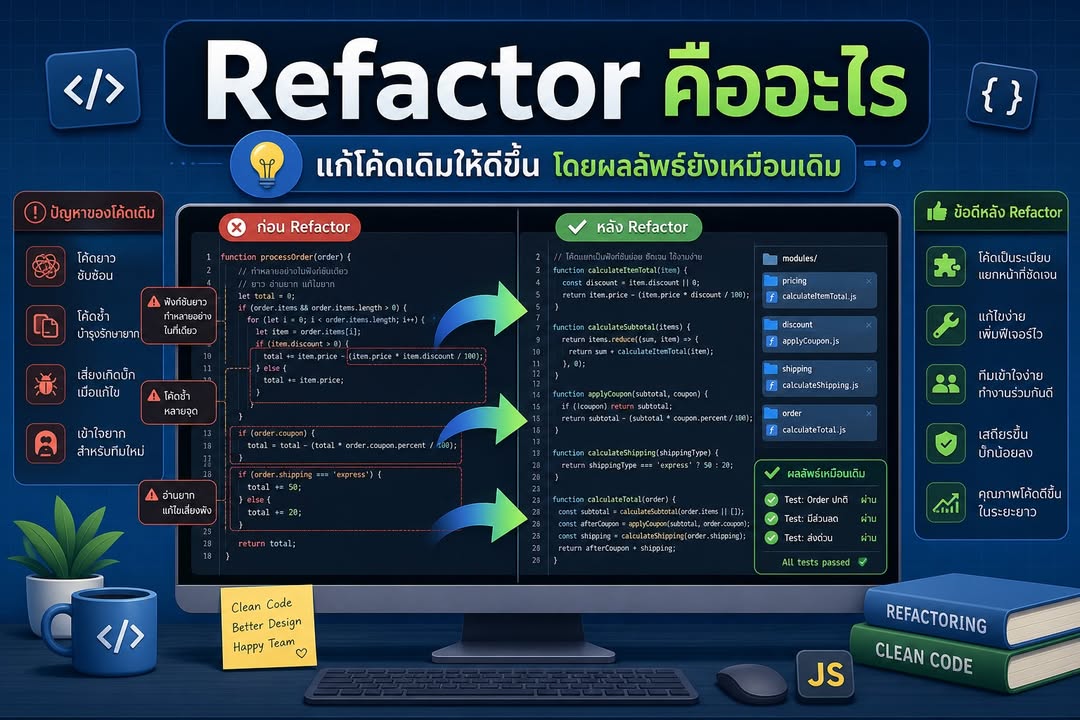 Refactor คือการจัดโค้ดให้ดีขึ้น โดยไม่เปลี่ยนพฤติกรรมของระบบ